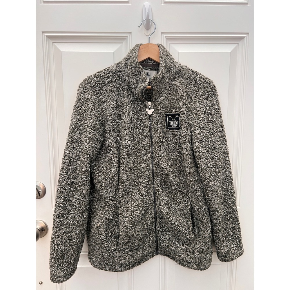 Disney Parks Womens Grey Sherpa Fleece Full Zip Jacket Mickey Mouse Logo Small
